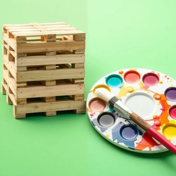 Image showing a wooden pallet next to an artist's paint palette to illustrate pallet vs. palette