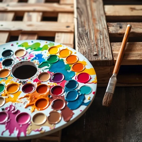 Image showing a wooden pallet next to an artist's paint palette to illustrate pallet vs. palette