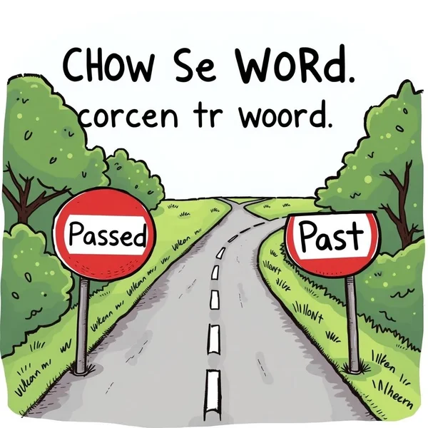 Imagem de uma placa de trânsito mostrando um caminho past e outro passed, ilustrando passed vs. past