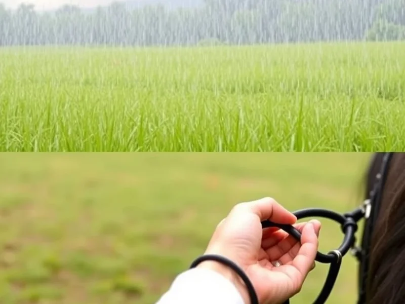Image depicting a rainy day and horse reins with the text "Rain vs. Rein"