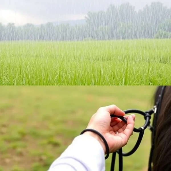 Image depicting a rainy day and horse reins with the text "Rain vs. Rein"