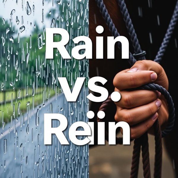 Imagem mostrando um dia chuvoso e rédeas de cavalo com o texto "Rain vs. Rein"