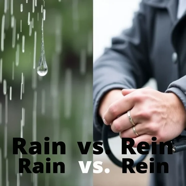 Image depicting a rainy day and horse reins with the text "Rain vs. Rein"