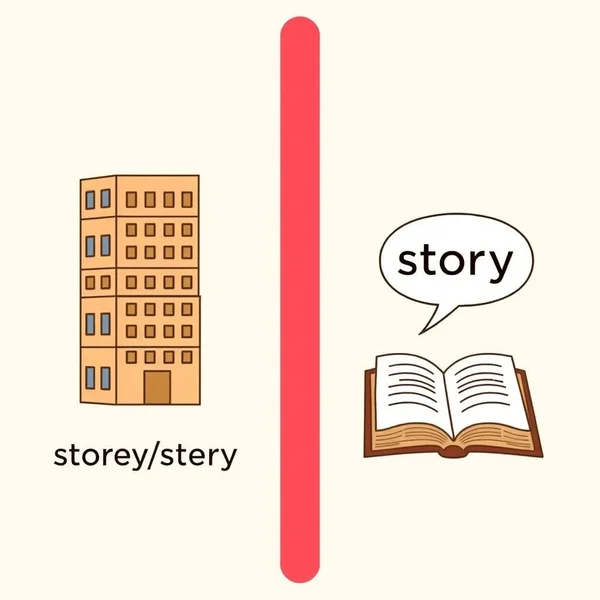 Image clarifying the difference between storey (building level) and story (narrative) with the primary keyword Storey vs. Story