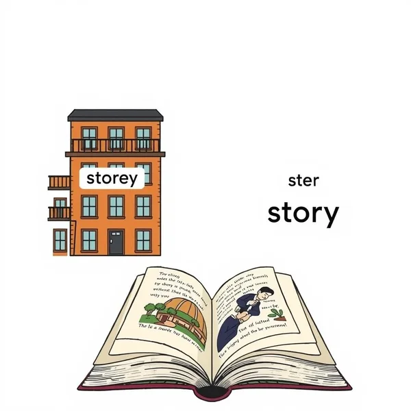 Image clarifying the difference between storey (building level) and story (narrative) with the primary keyword Storey vs. Story