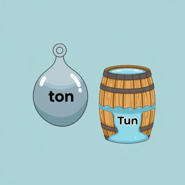 Image illustrating the concepts of ton (weight) and tun (cask) to clarify ton vs. tun