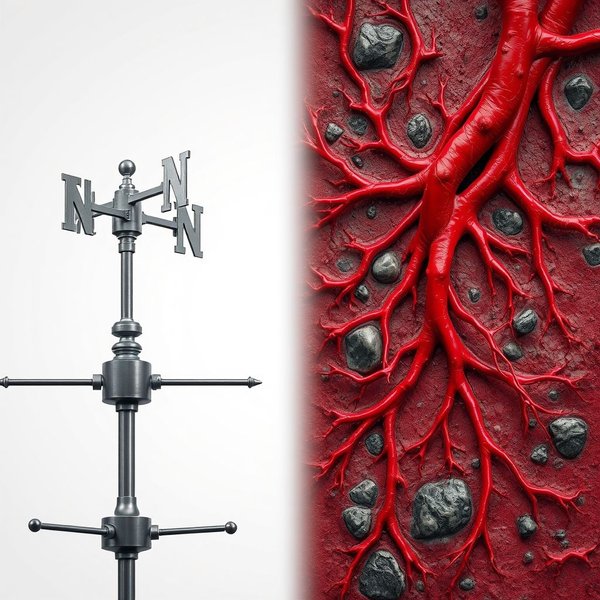 Image illustrating a weather vane and a human circulatory vein with the text "Vane vs. Vein"