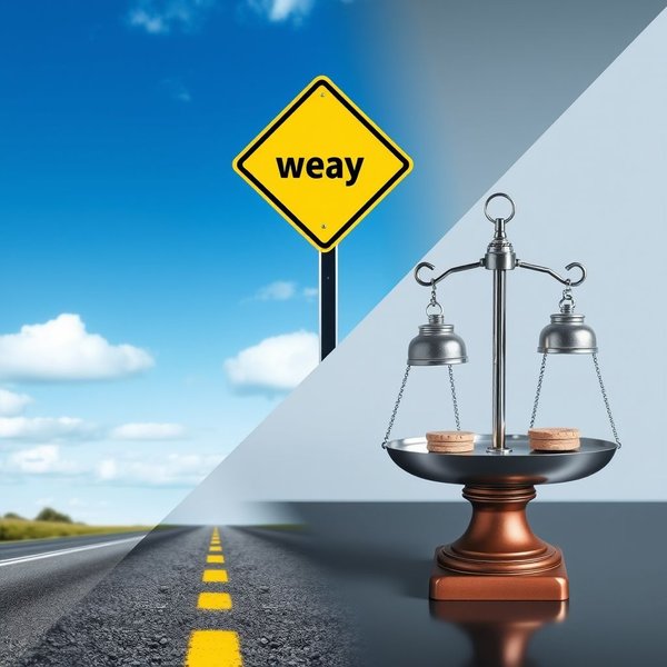 Image showing a road sign for "way" and a scale for "weigh", illustrating the difference between way vs. weigh