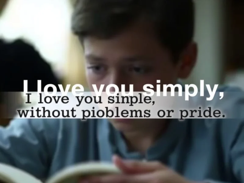 Imagem mostrando uma versão estilizada da citação "I love you simply, without problems or pride." com um fundo cinematográfico representando a aprendizagem de inglês através de filmes.