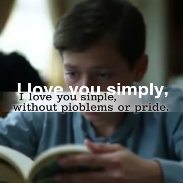 Imagem mostrando uma versão estilizada da citação "I love you simply, without problems or pride." com um fundo cinematográfico representando a aprendizagem de inglês através de filmes.