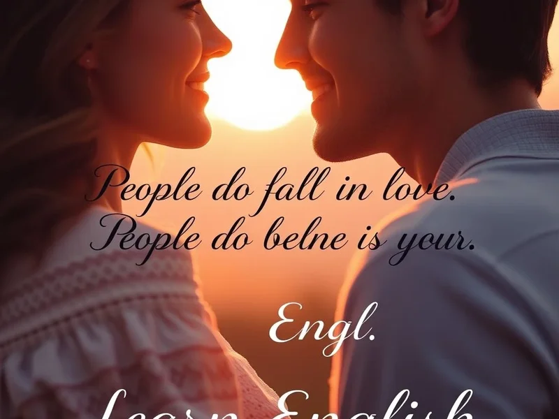 Imagem de um casal, transmitindo romance, com texto sobreposto: People do fall in love. People do belong to each other. Learn English.