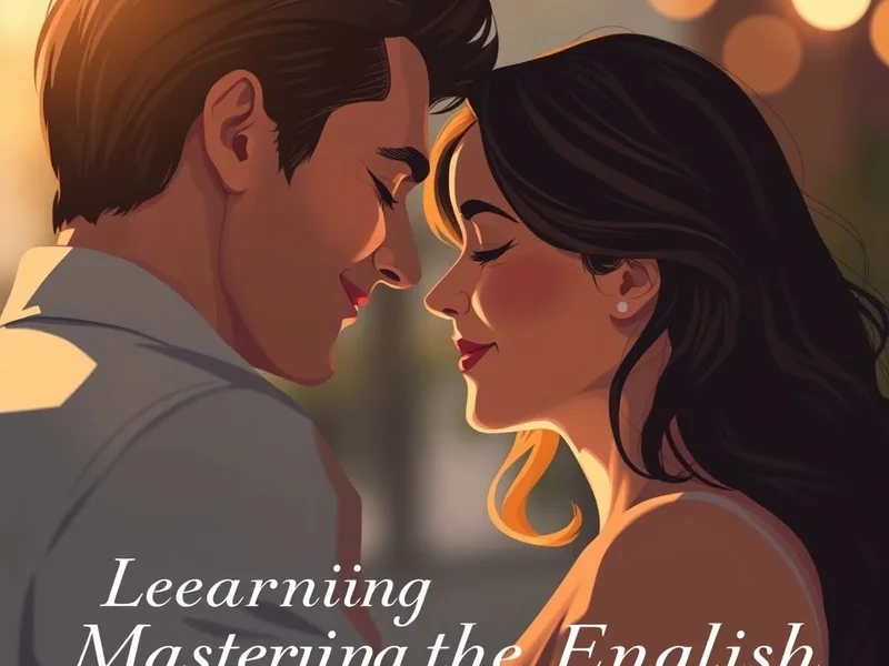 Imagen de una pareja, transmitiendo romance, con texto superpuesto: People do fall in love. People do belong to each other. Learn English.