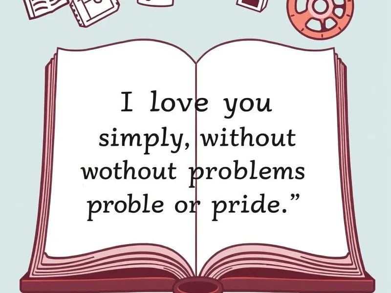Image showing a stylized version of the quote "I love you simply, without problems or pride." with a cinematic background representing learning English through movies.