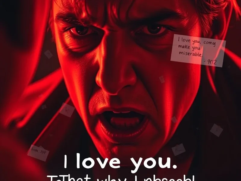 Image of a dramatic movie scene with the caption: Analyzing the English in the quote "I love you. That's why I make you miserable."