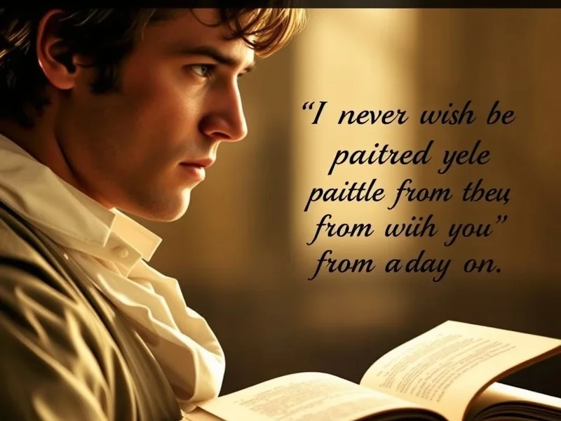 Image of Mr. Darcy expressing his feelings with the quote "I never wish to be parted from you from this day on."