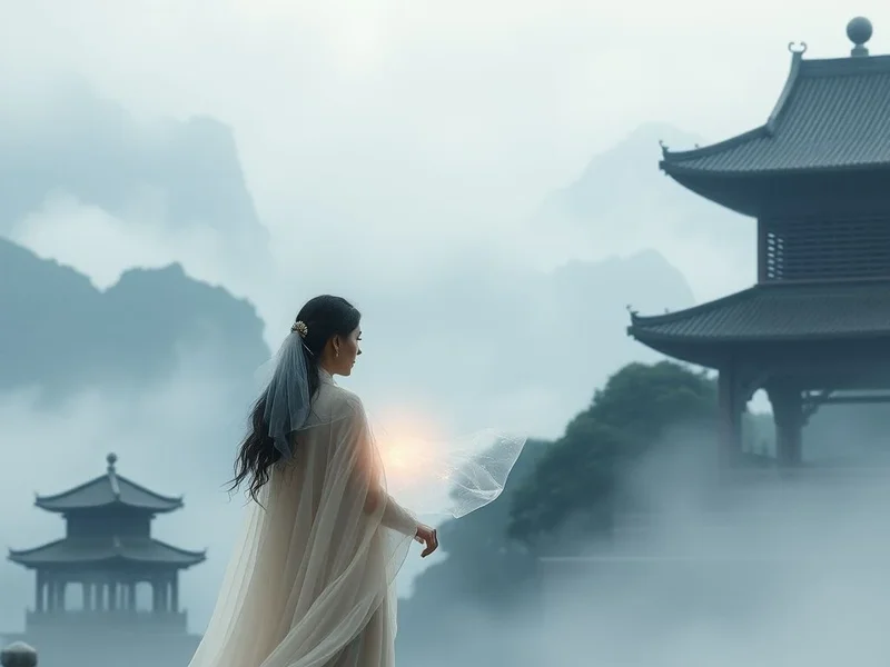 Image representing the movie quote "I'd rather be a ghost, drifting by your side, than enter heaven without you." with a scenic background reminiscent of Crouching Tiger, Hidden Dragon.