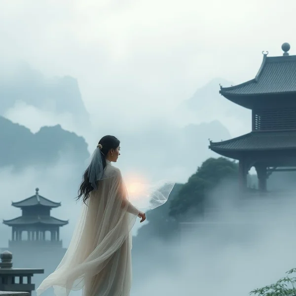 Image representing the movie quote "I'd rather be a ghost, drifting by your side, than enter heaven without you." with a scenic background reminiscent of Crouching Tiger, Hidden Dragon.