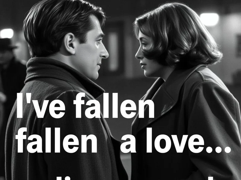 Image of a poignant movie scene with the text: Learning English with the quote "I've fallen in love. I didn't think such violent things could happen to ordinary people."
