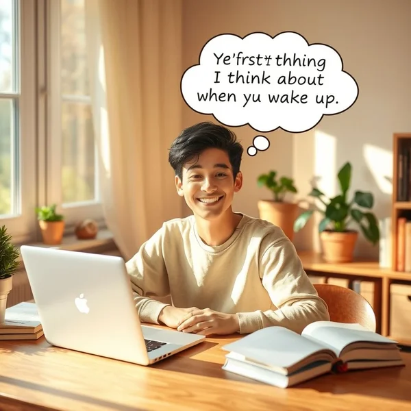 Learn English with the quote: "You're the first thing I think about when I wake up."