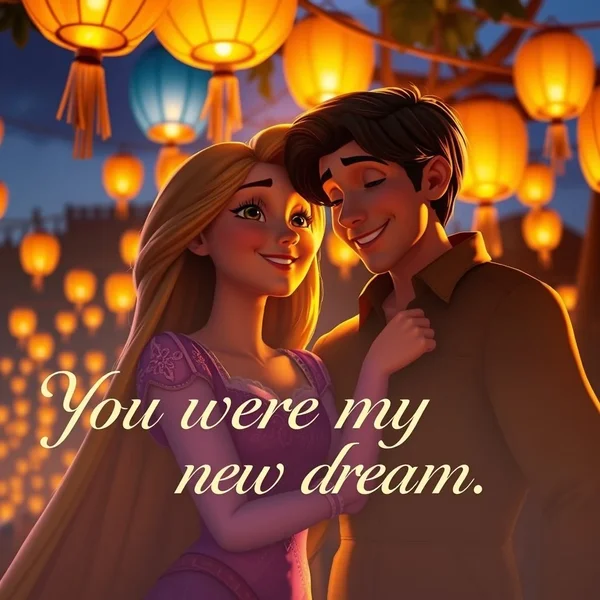 Image of Rapunzel looking at Eugene with the text overlay 'You were my new dream.'