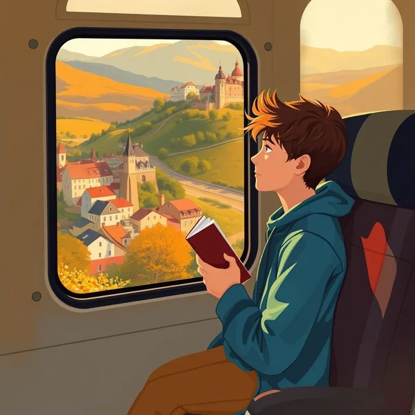 Image of a scenic train journey, symbolizing the movie Before Sunrise and the idea of arriving with no expectations. The image title is: Exploring "I came here with no expectations." for language learners.
