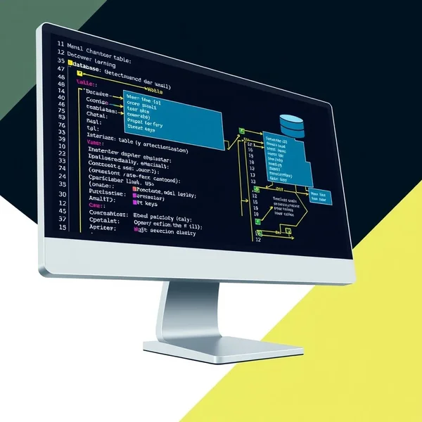 Image: A computer screen showing database schemas, symbolizing English for Database Professionals
